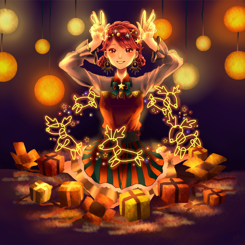 1girl :d absurdres barefoot blush bow box braid brown_eyes brown_hair earrings gift green_bow hair_ornament hair_rings hands_up highres huge_filesize jewelry lantern looking_at_viewer open_box open_mouth orange_skirt original pose reindeer sitting skirt smile star_(symbol) star_hair_ornament striped striped_skirt yuzor_a_rancia