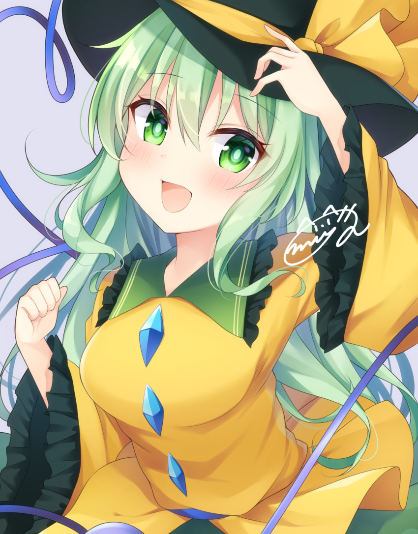 1girl :d blouse blush breasts bright_pupils commentary_request frills green_eyes green_hair green_skirt grey_background hand_up hat hat_ribbon heart heart_of_string highres komeiji_koishi large_breasts long_hair looking_at_viewer miy@ open_mouth ribbon simple_background skirt smile solo touhou upper_body very_long_hair wide_sleeves yellow_blouse