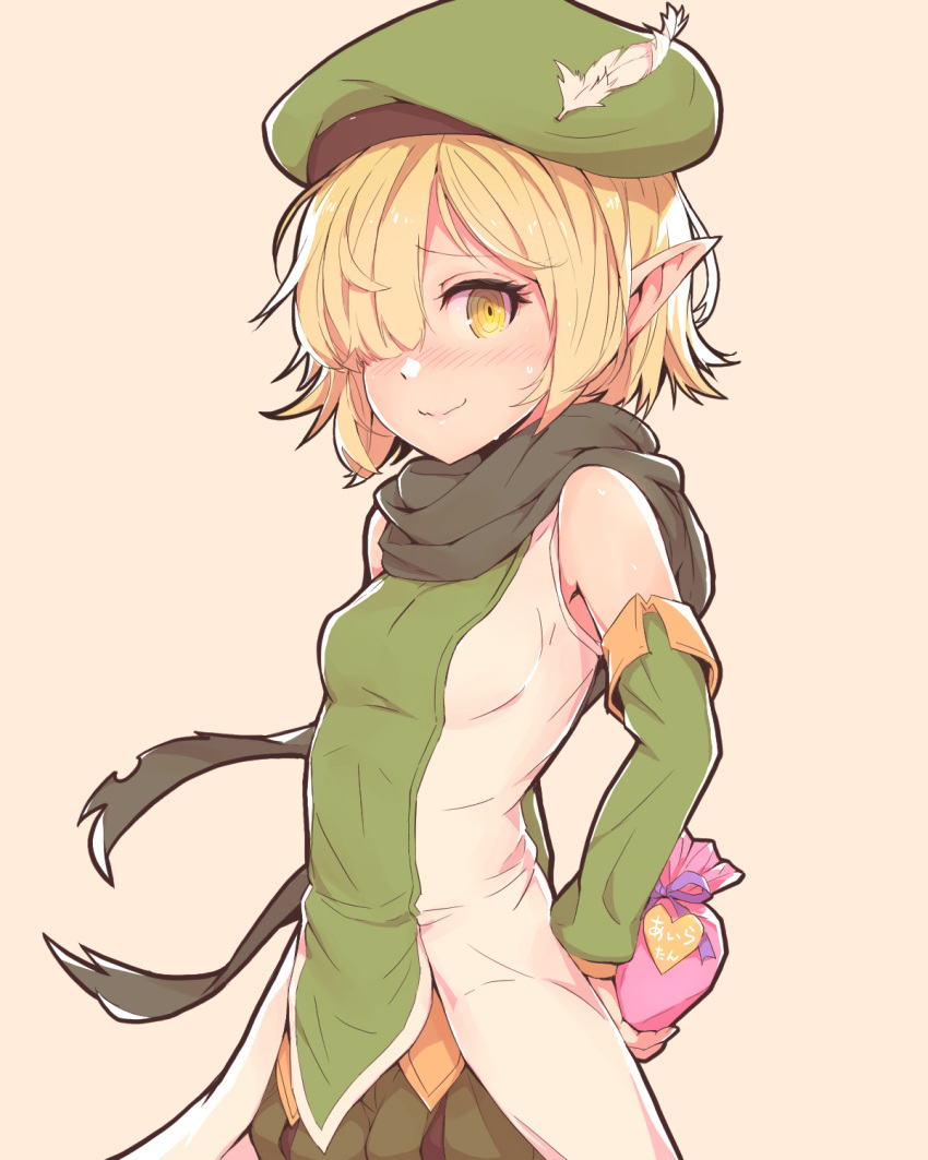 1girl @_@ aoi_(princess_connect!) bare_shoulders beret blonde_hair blush breasts cowboy_shot detached_sleeves elf gift green_headwear green_shirt green_shorts green_sleeves hair_over_one_eye hat hat_feather highres holding holding_gift pointy_ears princess_connect! puffy_shorts scarf shirt short_hair shorts simple_background sleeveless sleeveless_shirt small_breasts smile solo wavy_mouth yako_noir_(kei-ne) yellow_eyes