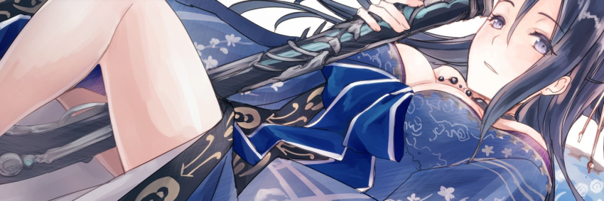 1girl bead_necklace beads blue_eyes blue_hair blush breasts gun hair_ornament holding holding_gun holding_weapon japanese_clothes jewelry kaguya_hime_(sinoalice) kimono large_breasts long_hair looking_at_viewer moo_alice_moo necklace open_mouth sinoalice smile solo teeth weapon white_background