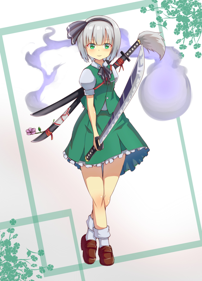 black_bow black_footwear black_hairband black_neckwear black_ribbon blue_eyes bob_cut bow bowtie breasts collared_shirt full_body ghost green_skirt green_vest hair_ribbon hairband highres hitodama hitodama_print katana konpaku_youmu medium_breasts noy--1 ribbon scabbard sheath sheathed shirt shoes short_hair short_sleeves silver_hair skirt skirt_set small_breasts socks sword touhou vest weapon white_legwear white_shirt