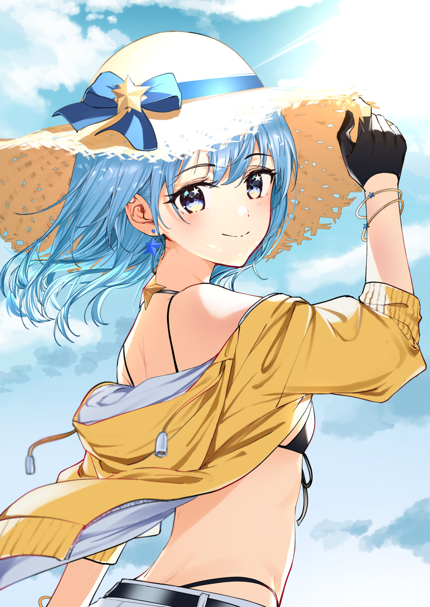 1girl absurdres alternate_costume arm_up bangs belt bikini bikini_under_clothes black_bikini black_gloves blue_eyes blue_hair blue_ribbon blue_sky bracelet breasts clouds cloudy_sky eyebrows_visible_through_hair fingerless_gloves gloves hand_on_headwear hat highleg highleg_bikini highres hololive hood hooded_jacket hoshimachi_suisei jacket jewelry long_hair looking_at_viewer looking_to_the_side nonbire outdoors ribbon shiny shiny_hair shiny_skin sky small_breasts smile solo star_(symbol) star_in_eye straw_hat sun_hat sunlight swimsuit symbol_in_eye upper_body virtual_youtuber yellow_jacket