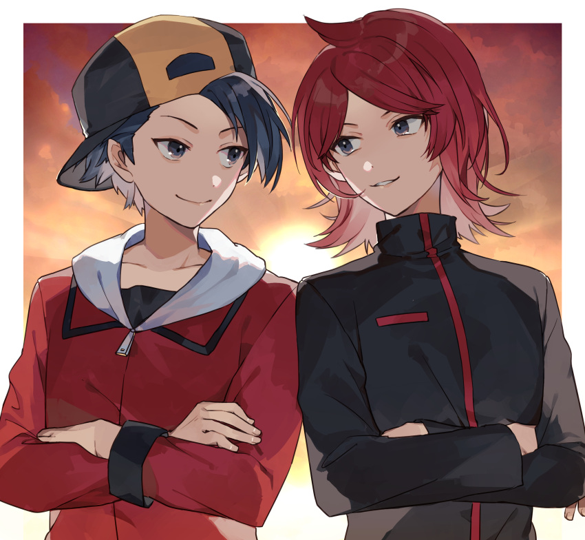 2boys ahoge backwards_hat black_eyes black_hair closed_mouth commission commissioner_upload ethan_(pokemon) grin hat high_collar highres jacket looking_at_another male_focus multiple_boys open_mouth pokemon pokemon_(game) pokemon_hgss redhead short_hair silver_(pokemon) sky smile sunset syerii teeth violet_eyes