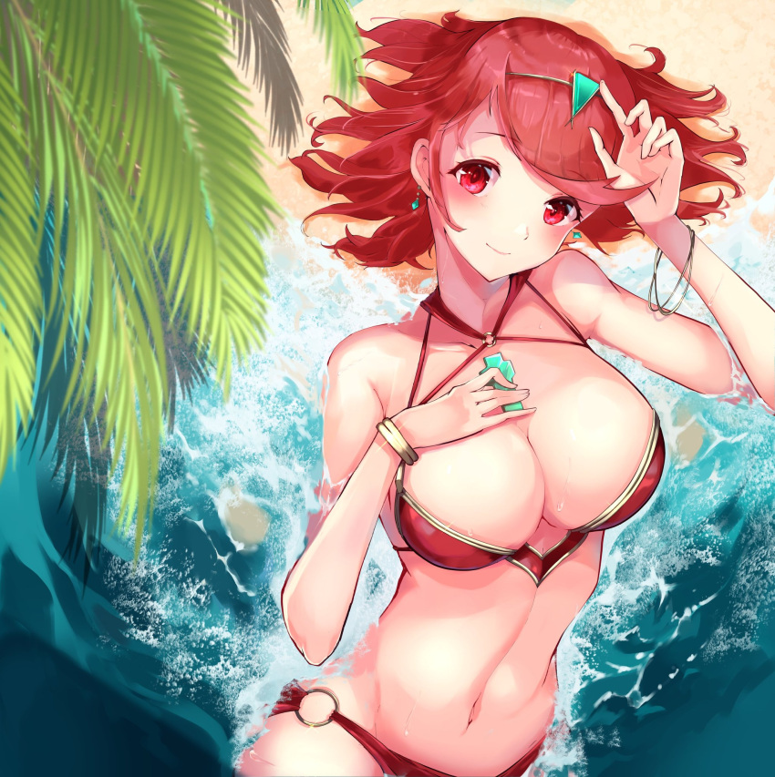 1girl bangs beach bikini breasts chest_jewel highres large_breasts palm_tree pyra_(xenoblade) red_eyes redhead risumi_(taka-fallcherryblossom) sand short_hair solo swept_bangs swimsuit tiara tree xenoblade_chronicles_(series) xenoblade_chronicles_2