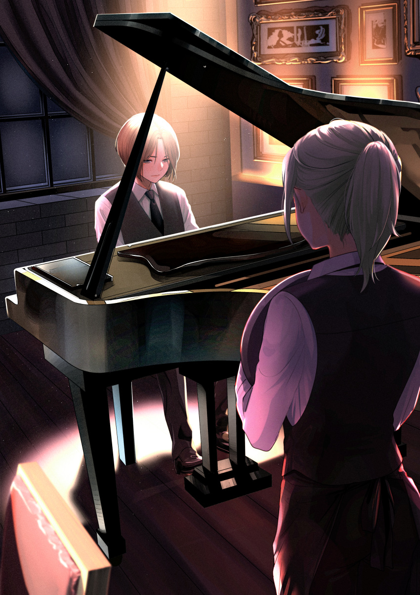 absurdres bangs black_neckwear brown_footwear brown_hair chair curtains grand_piano grey_eyes grey_hair highres holding holding_tray huge_filesize indoors instrument long_sleeves macaronk necktie original painting_(object) parted_bangs piano picture_(object) ponytail tray vest window