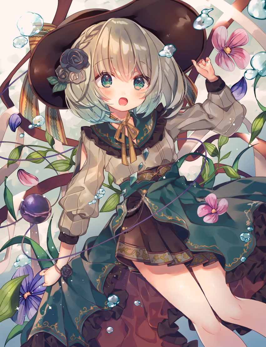 1girl adapted_costume ana_(rznuscrf) bangs black_headwear blue_flower bubble choker cowboy_shot eyebrows_visible_through_hair flower green_eyes green_hair hair_flower hair_ornament hand_on_headwear hat hat_ribbon highres koishi_day komeiji_koishi leaf long_sleeves looking_at_viewer open_mouth pink_flower ribbon shirt short_hair solo standing third_eye touhou white_shirt yellow_ribbon