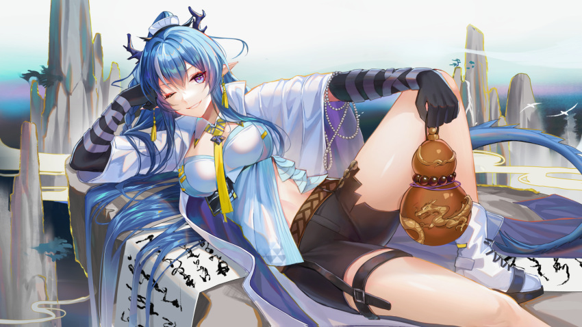 1girl ;d arknights arm_support bangs bare_legs black_gloves black_shorts blue_eyes blue_hair boots breasts coat day earrings elbow_gloves eyebrows_visible_through_hair gloves gourd highres holding jewelry kernel_killer knee_boots knee_up large_breasts ling_(arknights) long_hair long_sleeves looking_at_viewer lying midriff_peek multicolored_hair on_side one_eye_closed open_clothes open_coat outdoors parted_lips pointy_ears rock scroll short_shorts shorts smile solo streaked_hair thigh_strap two-tone_hair underbust very_long_hair white_coat white_footwear white_hair wide_sleeves