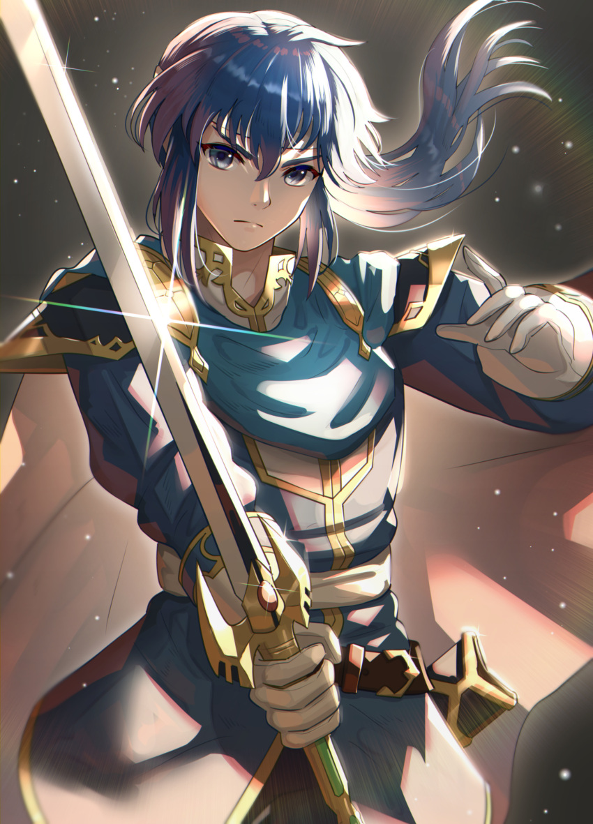 1boy absurdres armor bangs blue_eyes blue_hair cape fire_emblem fire_emblem:_genealogy_of_the_holy_war gloves gonzarez highres holding holding_weapon light_particles light_rays long_hair looking_at_viewer ponytail seliph_(fire_emblem) shoulder_armor solo sword weapon