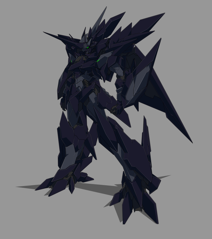 absurdres beastkingbarbaros clenched_hands green_eyes grey_background highres horns looking_ahead mecha original science_fiction shadow single_horn solo standing super_robot v-fin
