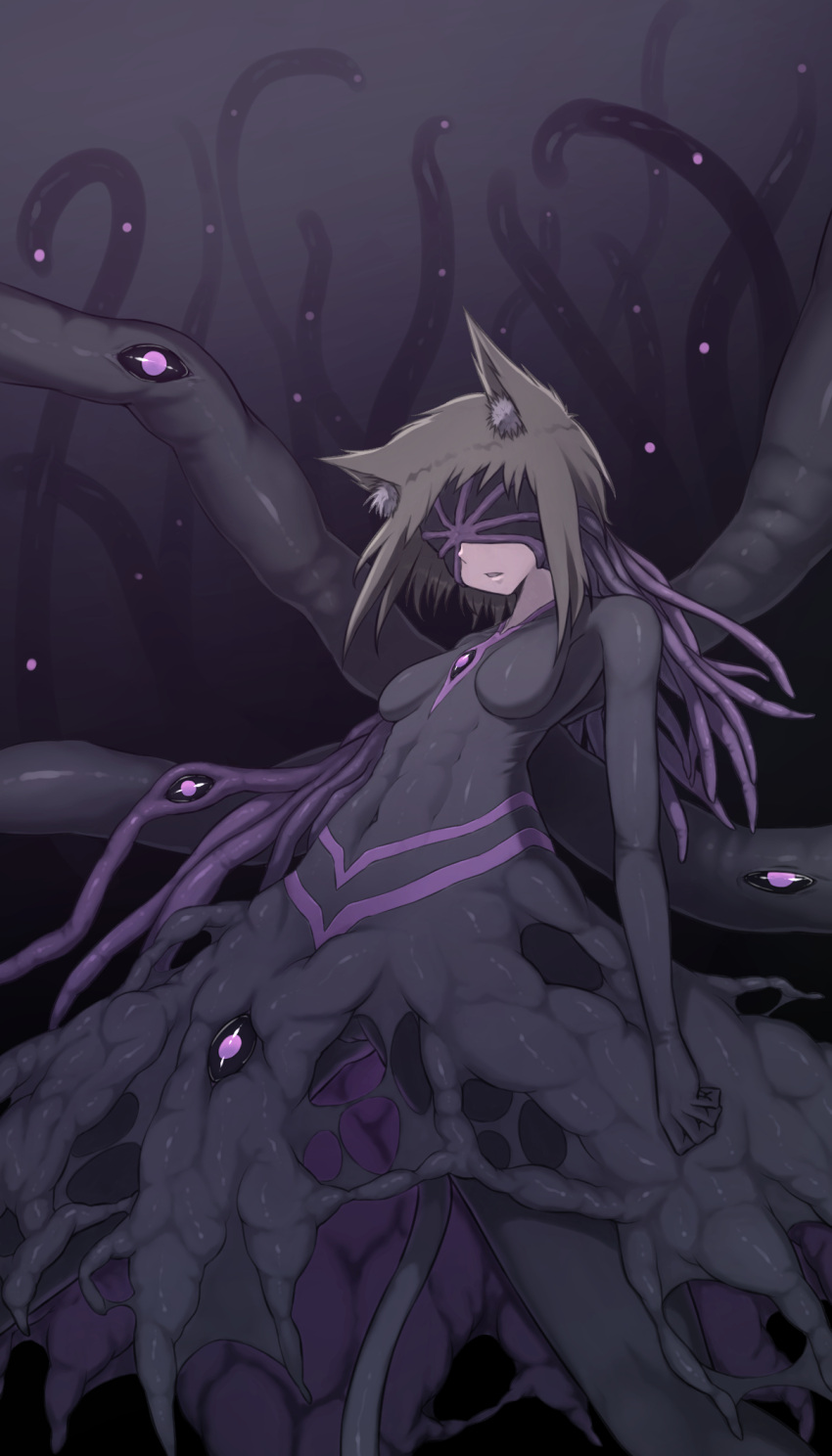 1girl animal_ear_fluff animal_ears asymmetrical_arms black_dress black_sclera blindfold bodysuit breasts brown_hair collarbone colored_sclera commentary_request covered_navel dress extra_eyes highres living_clothes monster_girl original parted_lips short_hair small_breasts solo tail tentacle_clothes tentacle_hair tentacles violet_eyes yuritopia