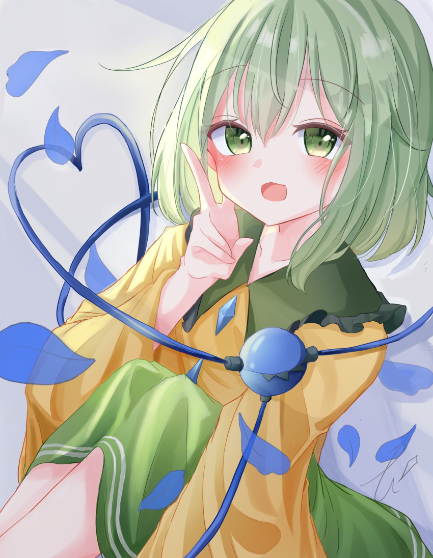 1girl :d blouse blush eyeball feet_out_of_frame frills green_eyes green_hair green_skirt grey_background hand_up heart heart_of_string highres knees_up komeiji_koishi korira light_rays looking_at_viewer medium_hair no_hat no_headwear open_mouth petals simple_background skirt smile solo third_eye touhou v wall yellow_blouse