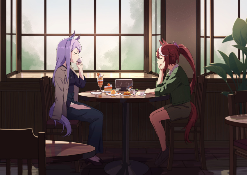 2girls :d absurdres animal_ears black_footwear black_shirt black_shorts blue_pants blue_ribbon blush brown_hair brown_jacket cake cake_slice chair closed_eyes closed_mouth collared_shirt cup drinking ear_ribbon food green_jacket hair_ribbon hand_up highres holding holding_cup horse_ears horse_girl indoors jacket jacket_on_shoulders kai_(kaikaiseisei999) long_sleeves mejiro_mcqueen_(umamusume) multicolored_hair multiple_girls on_chair open_mouth pants parfait pink_ribbon plate ponytail profile purple_hair ribbon saucer shirt shoes short_shorts shorts sitting smile streaked_hair table tokai_teio_(umamusume) umamusume white_hair white_shirt window wooden_floor