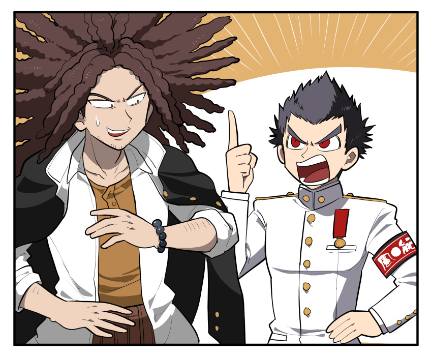 2boys angry bangs bead_bracelet beads black_hair black_jacket bracelet brown_hair commentary_request dangan_ronpa:_trigger_happy_havoc dangan_ronpa_(series) furukawa_(yomawari) gakuran hagakure_yasuhiro hand_on_hip highres ishimaru_kiyotaka jacket jacket_on_shoulders jewelry long_hair long_sleeves looking_at_another male_focus multiple_boys open_mouth orange_shirt pointing red_eyes school_uniform shirt short_hair smile sweatdrop upper_body upper_teeth v-shaped_eyebrows white_jacket white_shirt