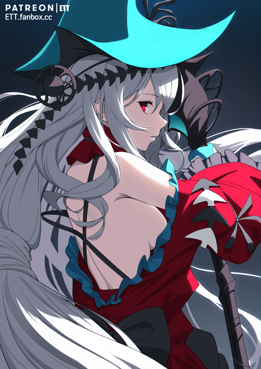 1girl aqua_headwear arknights artist_name blue_gloves breasts commentary_request ett from_behind gloves highres korean_commentary long_hair looking_at_viewer medium_breasts patreon_username pointy_hat red_eyes sideboob skadi_(arknights) solo white_hair