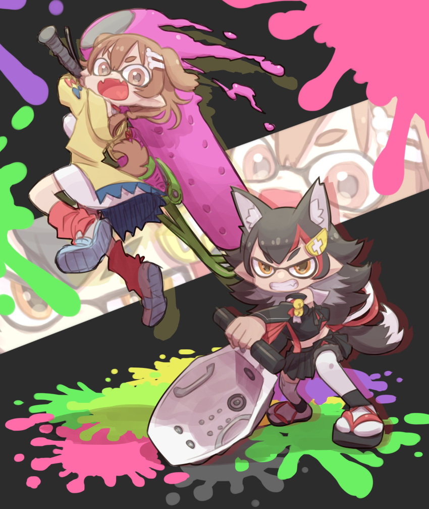 2girls absurdres animal_ears black_hair bone_hair_ornament cosplay dog_ears dog_girl dog_tail domino_mask fang fangs grin hair_ornament highres hololive hood inkling inkling_(cosplay) inugami_korone jacket mask multicolored_hair multiple_girls ookami_mio open_mouth paint_roller paint_splatter pleated_skirt redhead sandals skin_fangs skirt smile socks splatoon_(series) tail thigh-highs two-tone_hair virtual_youtuber wolf_ears wolf_girl wolf_tail yellow_jacket yoshida_on