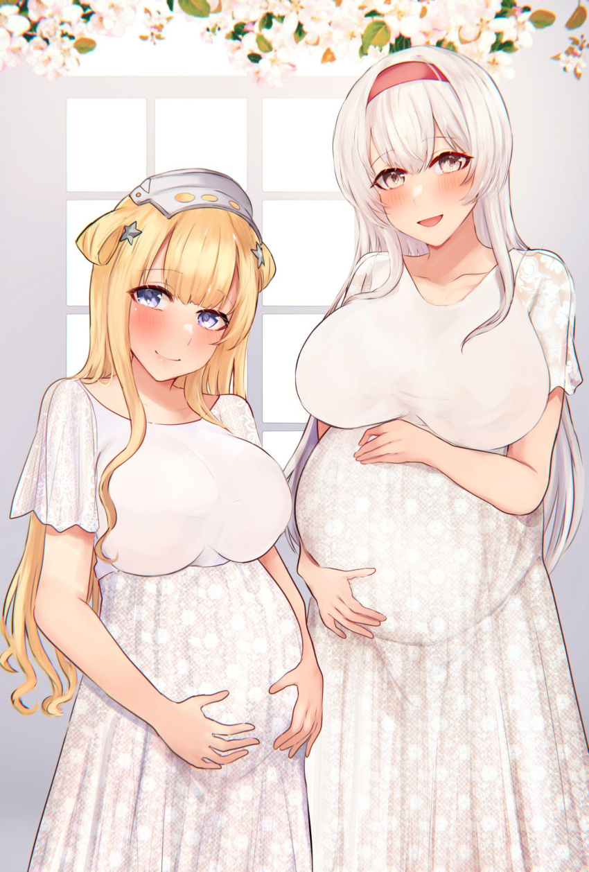 2girls alternate_costume blonde_hair breasts brown_eyes double_bun dress fletcher_(kancolle) hair_ornament hands_on_own_stomach headband highres huge_breasts kantai_collection large_breasts long_hair miyako_(00727aomiyako) multiple_girls pregnant red_headband short_sleeves shoukaku_(kancolle) standing star_(symbol) star_hair_ornament white_dress white_hair