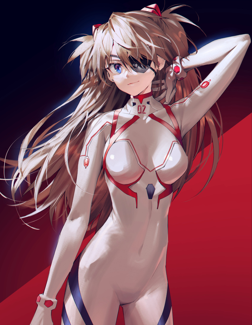 1girl arm_at_side blue_eyes breasts closed_mouth covered_navel evangelion:_3.0+1.0_thrice_upon_a_time eyepatch hand_up highres long_hair looking_at_viewer medium_breasts mo_(428clv) neon_genesis_evangelion orange_hair plugsuit rebuild_of_evangelion shikinami_asuka_langley smile solo souryuu_asuka_langley