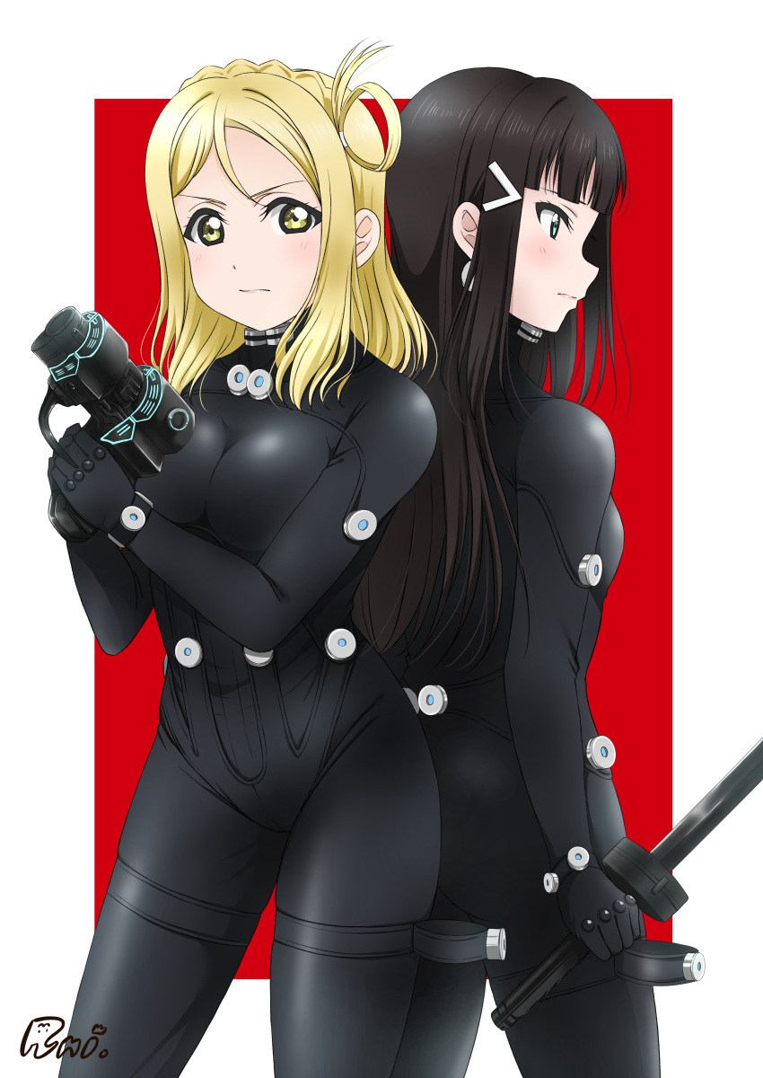 2girls absurdres aqua_eyes artist_name bangs black_bodysuit black_legwear blonde_hair blunt_bangs bodysuit breasts closed_mouth cowboy_shot gantz gantz_suit gun hands_up highres holding holding_gun holding_sword holding_weapon kurosawa_dia light_blush lipgloss lips long_hair looking_at_viewer looking_to_the_side love_live! love_live!_sunshine!! medium_breasts medium_hair multiple_girls ohara_mari runi_(87025) serious small_breasts sword weapon yellow_eyes