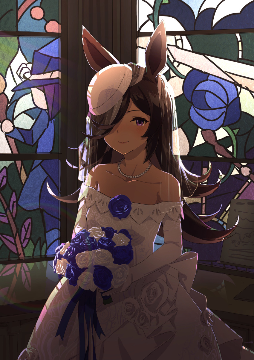 1girl absurdres animal_ears bare_shoulders blue_flower blue_rose blush bouquet bridal_veil brown_hair collarbone dress flower hair_over_one_eye hat_over_one_eye highres horse_ears horse_girl jewelry kai_(kaikaiseisei999) long_hair long_sleeves looking_at_viewer necklace off-shoulder_dress off_shoulder pearl_necklace rice_shower_(umamusume) rose see-through smile solo stained_glass umamusume veil violet_eyes wedding_dress white_dress white_flower white_rose
