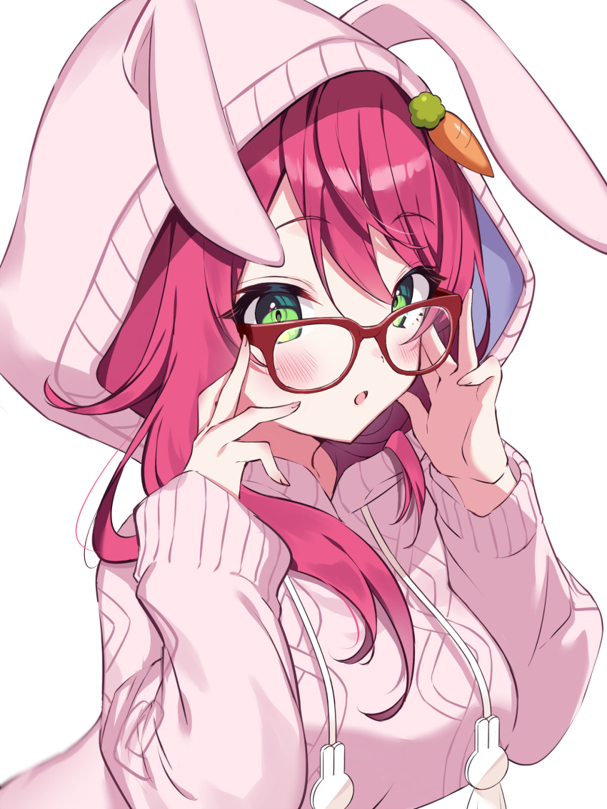 1girl animal_ears animal_hood bangs blush breasts bunny_hood commentary_request copyright_request drawstring eyebrows_visible_through_hair fake_animal_ears glasses green_eyes hair_between_eyes hands_up highres hood hood_up hoodie long_hair long_sleeves looking_at_viewer medium_breasts nail_polish parted_lips pink_hoodie pink_nails purple_hair rabbit_ears red-framed_eyewear simple_background sleeves_past_wrists solo tatejima_uri upper_body virtual_youtuber white_background