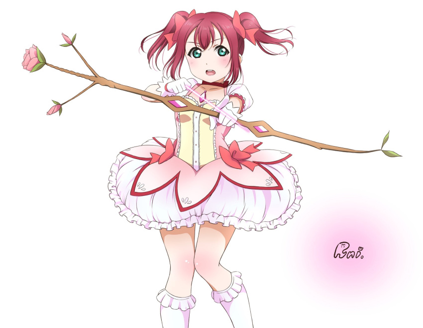 1girl aiming aiming_at_viewer artist_name bow bow_(weapon) breasts bubble_skirt choker cosplay cowboy_shot dress frilled_legwear hair_bow highres holding holding_bow_(weapon) holding_weapon kaname_madoka_(cosplay) kneehighs kurosawa_ruby looking_at_viewer love_live! love_live!_sunshine!! mahou_shoujo_madoka_magica open_mouth pink_dress puffy_short_sleeves puffy_sleeves red_bow red_choker ribbon_choker runi_(87025) short_hair short_sleeves simple_background skirt small_breasts solo twintails upper_teeth weapon white_background white_legwear