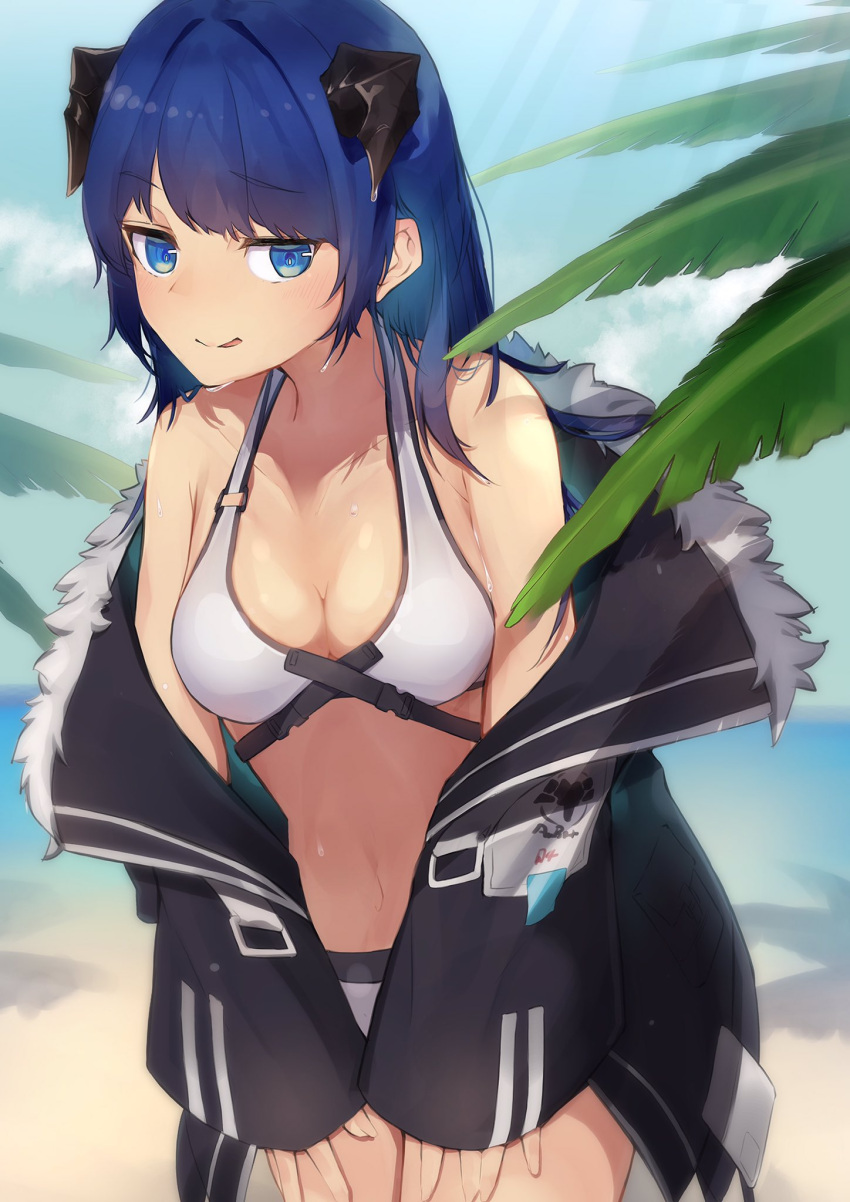 1girl arknights beach black_jacket blue_eyes blue_hair bra commentary_request demon_girl demon_horns fallen_angel fur-trimmed_jacket fur_trim hands_on_own_thighs highres horns jacket leaning_forward long_hair looking_at_viewer mostima_(arknights) open_clothes open_jacket outdoors panties shirt smile sports_bra sweat tongue tongue_out torikaze_ito underwear white_bra white_panties white_shirt