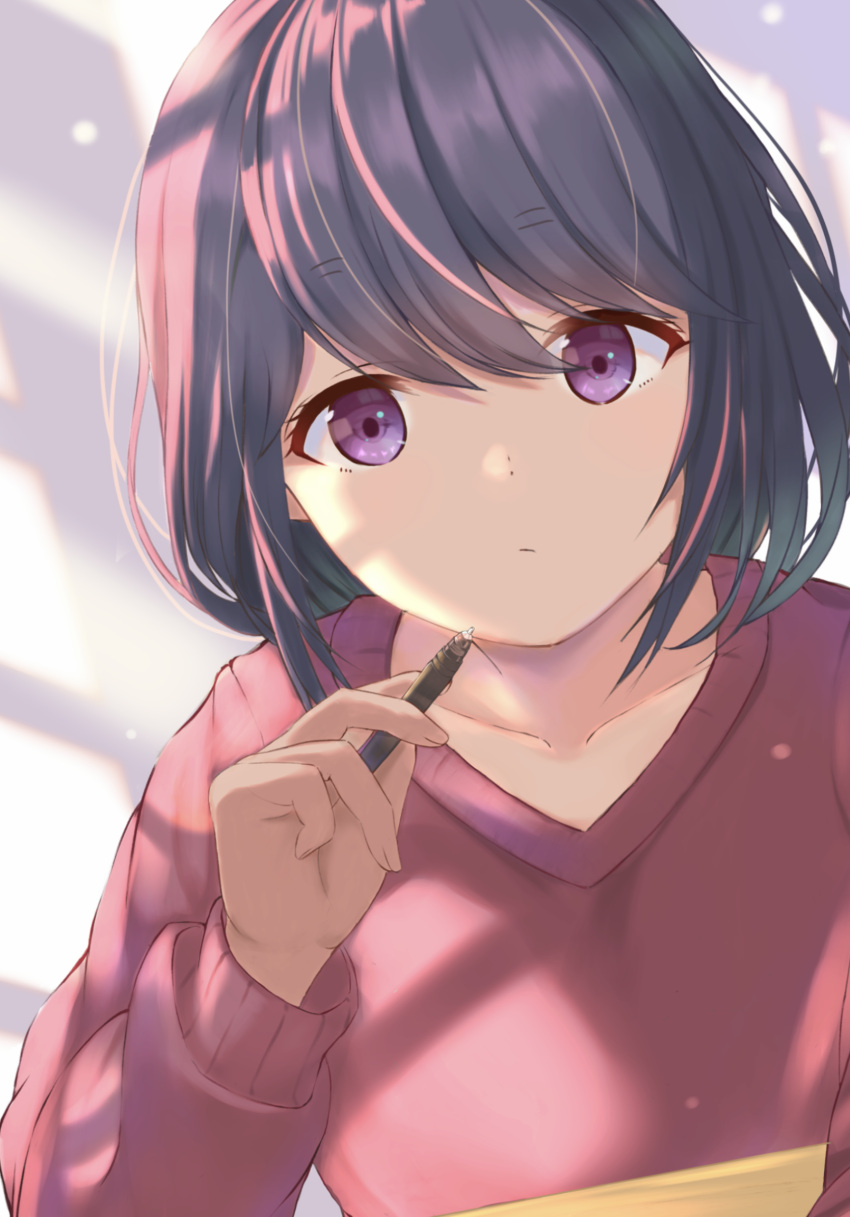 1girl bangs close-up closed_mouth eyebrows_visible_through_hair file112056 hair_between_eyes hands highres holding holding_pen leaning_on_table light light_particles long_hair long_sleeves looking_at_viewer pen red_pullover shima_rin simple_background solo table violet_eyes window_shade yurucamp