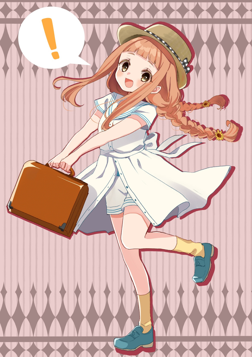 ! 1girl :d back_bow bangs black_ribbon blue_footwear blush bow braid brown_background brown_headwear commentary dress full_body hat hat_ribbon highres holding holding_suitcase ichihara_nina idolmaster idolmaster_cinderella_girls open_mouth orange_hair patterned_background polka_dot polka_dot_ribbon ribbon rino_cnc sailor_collar sailor_dress shirt short_sleeves shorts_under_dress sidelocks smile socks solo speech_bubble spoken_exclamation_mark suitcase twin_braids white_bow white_dress white_ribbon white_sailor_collar white_shirt yellow_eyes yellow_legwear