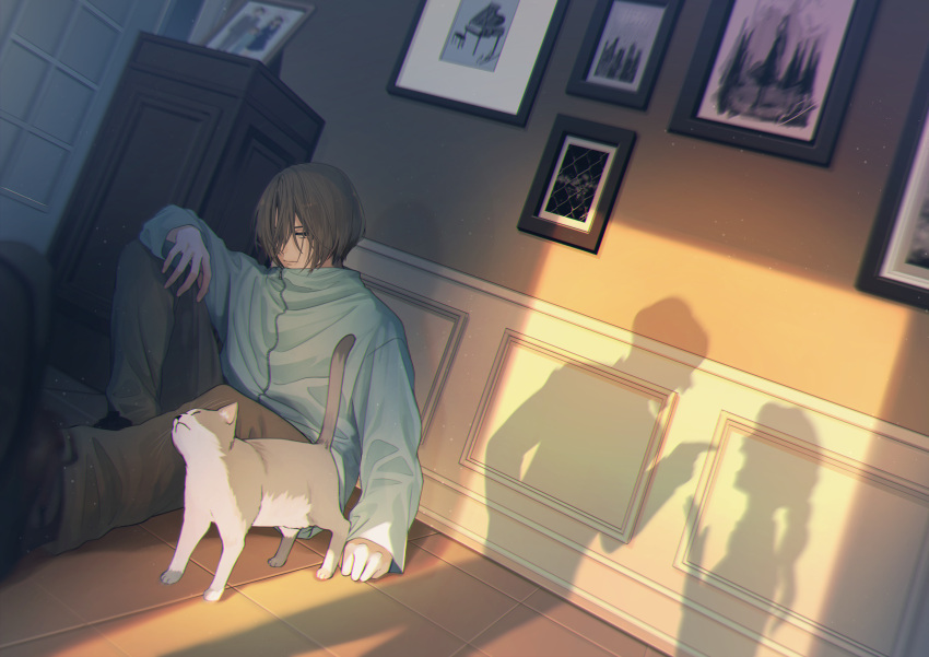 1boy absurdres arguing brown_hair cat door dutch_angle hair_over_one_eye highres indoors jacket knee_up long_sleeves macaronk male_focus original pants picture_(object) shadow short_hair sitting track_jacket