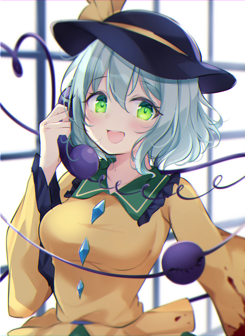 1girl :d aqua_hair backlighting blood bloody_clothes blouse blurry blush breasts commentary_request depth_of_field eyeball green_eyes green_skirt hand_up hat heart heart_of_string highres holding holding_phone indoors koishi_day komeiji_koishi large_breasts looking_at_viewer miy@ open_mouth phone short_hair skirt smile solo third_eye touhou upper_body window yellow_blouse