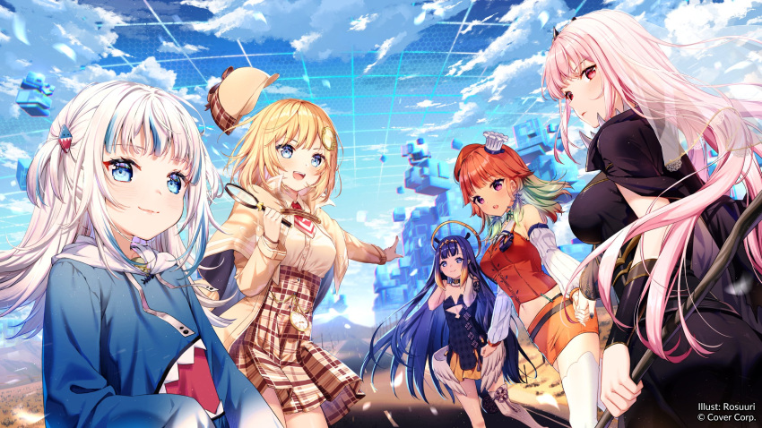 1girl 5girls bangs blonde_hair blue_eyes blue_hair breasts eyebrows_visible_through_hair gawr_gura gloves gradient_hair hair_ornament halo hat highres hololive hololive_english holomyth hood long_hair looking_at_viewer mori_calliope multicolored_hair multiple_girls ninomae_ina'nis open_mouth orange_hair pink_hair pointy_ears purple_hair rosuuri smile streaked_hair takanashi_kiara tentacle_hair violet_eyes virtual_youtuber watson_amelia