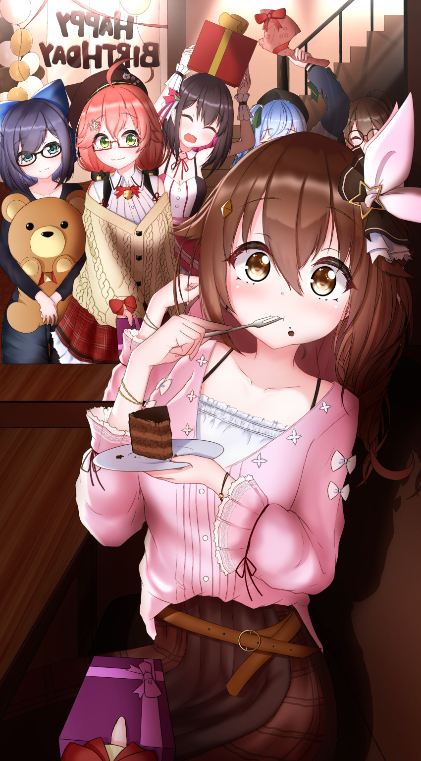 6+girls absurdres ahoge ankimo_(tokino_sora) azki_(hololive) bangs bare_shoulders box brown_eyes brown_hair cake chocolate_cake closed_eyes collarbone commentary_request detached_sleeves eating eyebrows_visible_through_hair food gift gift_box glasses happy_birthday highres hololive hoshimachi_suisei looking_at_viewer multiple_girls roboco-san sakura_miko shiori_(pixiv11239358) tokino_sora virtual_youtuber yuujin_a_(hololive)