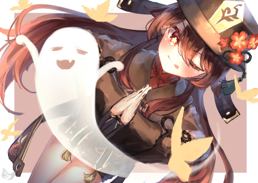 1girl ;p absurdres bangs black_nails blush brown_hair brown_headwear brown_shirt bug butterfly chinese_clothes commentary cowboy_shot eyebrows_visible_through_hair flower flower-shaped_pupils genshin_impact ghost hair_between_eyes hat hat_flower highres hu_tao insect long_hair long_sleeves looking_at_viewer nail_polish one_eye_closed own_hands_together red_eyes red_flower shirt solo tailcoat tongue tongue_out twintails very_long_hair yu_hydra