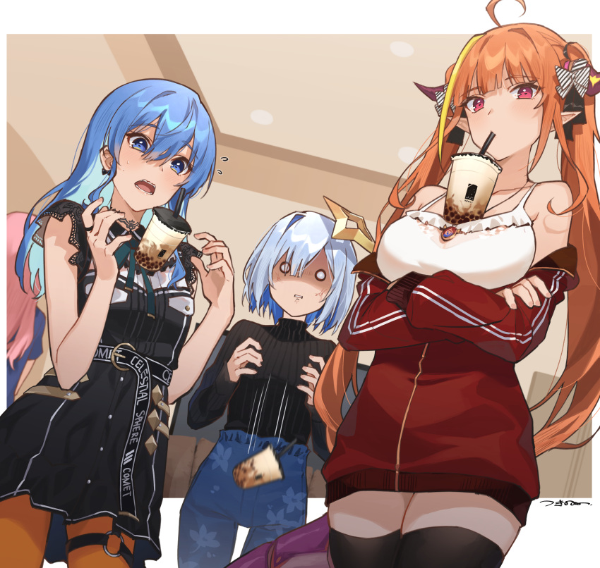 4girls absurdres ahoge alternate_costume amane_kanata anemachi anger_vein belt black_belt black_legwear black_shirt black_sweater blank_eyes blonde_hair blue_eyes blue_pants blue_shirt blush breast_conscious breast_envy breast_hold breasts bubble_tea bubble_tea_challenge camisole casual clenched_teeth clothes_writing colored_inner_hair commentary cowboy_shot crossed_arms denim diagonal-striped_bow doukyo's dragon_horns dragon_tail drinking_straw dropping earrings eyebrows_visible_through_hair flat_chest floral_print hair_between_eyes hair_down highres hololive horns hoshimachi_suisei indoors jacket jeans jewelry kiryu_coco lace_trim large_breasts light_blue_hair long_hair long_sleeves looking_at_viewer looking_down motion_blur motion_lines multicolored_hair multiple_girls necklace o-ring o-ring_legwear off_shoulder official_alternate_costume open_mouth orange_eyes orange_legwear outside_border pants pantyhose partially_unzipped pink_eyes pink_hair pointy_ears red_jacket ribbed_sweater ring shirt short_hair signature silver_hair sleeveless sleeveless_shirt small_breasts standing streaked_hair sweatdrop sweater sweater_tucked_in tail teeth thigh-highs track_jacket tsukino_(nakajimaseiki) turtleneck turtleneck_sweater twintails two-tone_hair virtual_youtuber white_camisole zettai_ryouiki
