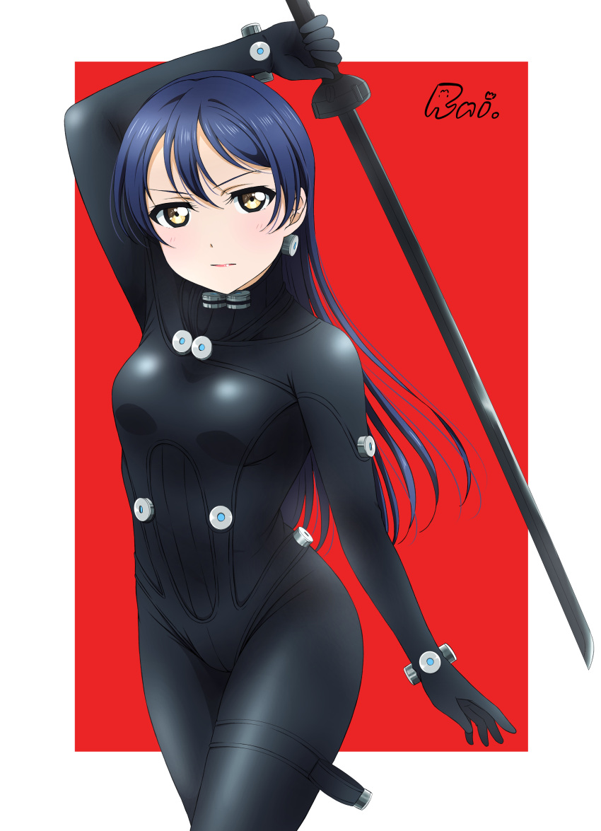 1girl absurdres arm_up artist_name black_bodysuit blue_hair bodysuit breasts closed_mouth cowboy_shot gantz gantz_suit highres holding holding_sword holding_weapon light_blush lipgloss lips long_hair looking_at_viewer love_live! love_live!_school_idol_project runi_(87025) serious small_breasts solo sonoda_umi sword weapon yellow_eyes