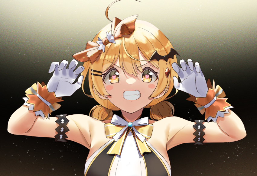 1girl armpits arms_up bare_shoulders blonde_hair blush_stickers bow breasts electriccross fang gloves hair_bow heart heart-shaped_pupils highres hololive hololive_idol_uniform idol_clothes large_breasts short_twintails smile solo symbol-shaped_pupils teeth twintails virtual_youtuber white_gloves yellow_eyes yozora_mel