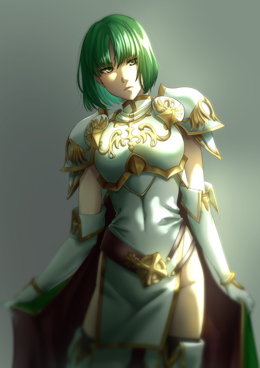 1girl aduti_momoyama armor blurry bob_cut boots breastplate cape covered_navel depth_of_field dithorba_(fire_emblem) dress expressionless fire_emblem fire_emblem:_genealogy_of_the_holy_war fire_emblem_heroes gold_trim green_cape green_eyes green_hair grey_background groin highres looking_at_viewer pegasus_knight short_dress shoulder_armor simple_background solo thigh-highs thigh_boots turtleneck white_armor white_dress white_footwear