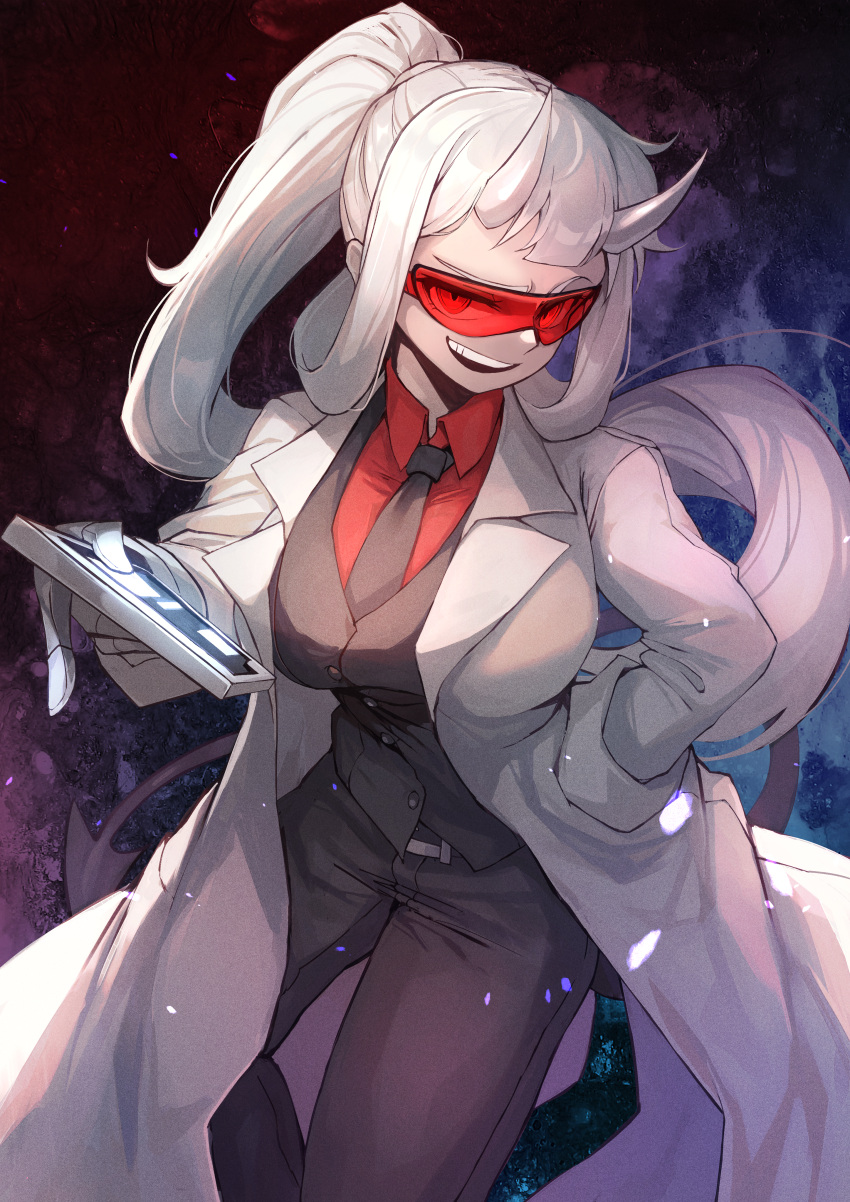 1girl absurdres black_neckwear black_pants black_vest breasts collared_shirt commentary goggles grin hand_in_pocket helltaker highres holding horns huge_filesize labcoat large_breasts long_hair looking_at_viewer loremaster_(helltaker) necktie ohako_(ohako1818) pants ponytail red_eyes red_shirt shirt smile solo standing very_long_hair vest white_hair