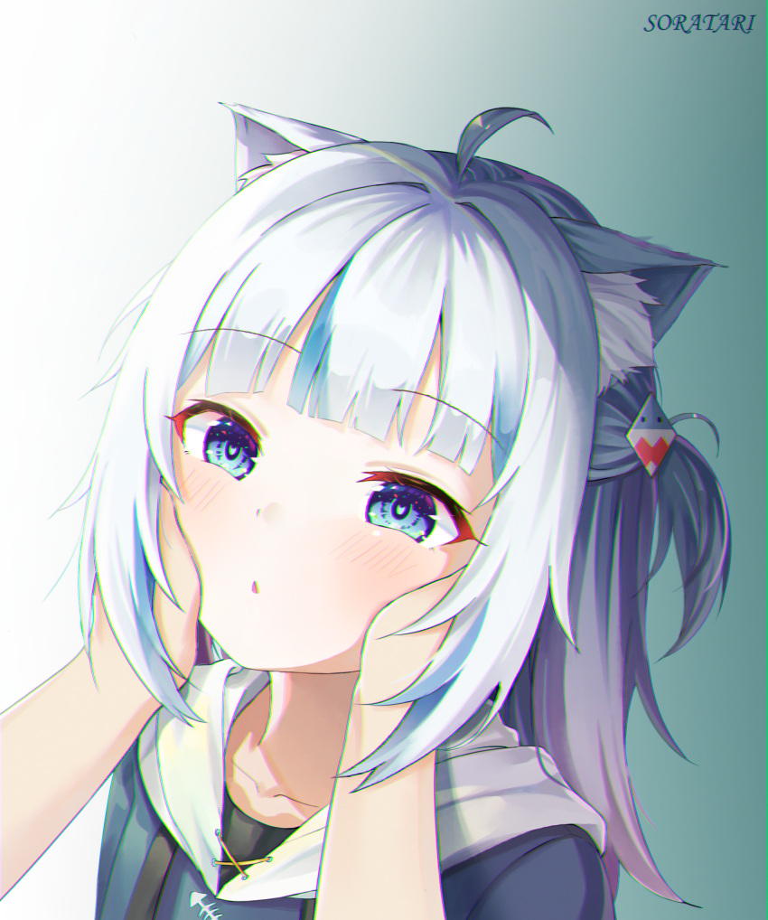 1girl ahoge animal_ear_fluff animal_ears bangs blue_eyes blue_hair blue_hoodie blush cat_ears collarbone commentary drawstring english_commentary eyebrows_visible_through_hair gawr_gura gradient gradient_background green_background hair_ornament hands_on_another's_cheeks hands_on_another's_face highres hololive hololive_english hood hood_down hoodie kemonomimi_mode long_hair multicolored_hair one_side_up out_of_frame parted_lips silver_hair solo_focus sora_(ecj5678) streaked_hair upper_body virtual_youtuber white_background