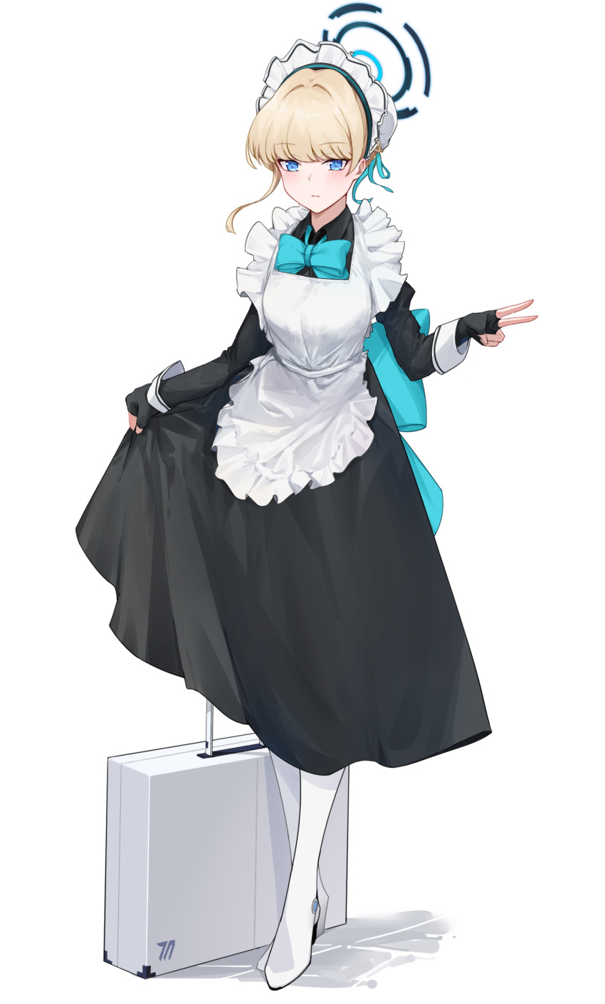 1girl absurdres apron black_dress black_gloves blonde_hair blue_archive blue_eyes blue_halo blue_ribbon blunt_bangs closed_mouth commentary dress fingerless_gloves frilled_apron frills full_body gloves halo highres long_sleeves looking_afar maid maid_apron maid_headdress neck_ribbon ni_de_pengyou ribbon short_hair simple_background skirt_hold solo standing suitcase symbol-only_commentary toki_(blue_archive) v white_apron white_background white_footwear