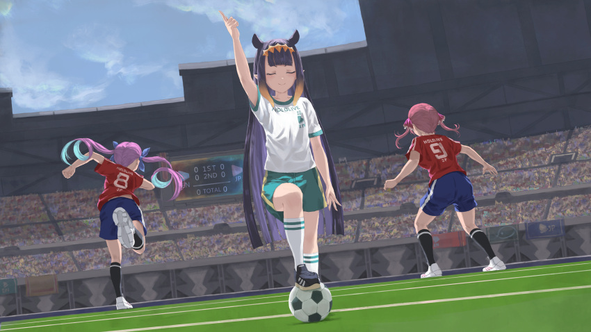 3girls ball bangs black_hair blunt_bangs closed_eyes closed_mouth commentary_request gradient_hair highres hololive hololive_english houshou_marine inazuma_eleven_(series) index_finger_raised jersey laing long_hair minato_aqua multicolored_hair multiple_girls ninomae_ina'nis orange_hair parody pointing pointing_up purple_hair short_sleeves shorts sidelocks smile soccer_ball soccer_field soccer_uniform sportswear stadium tentacle_hair very_long_hair virtual_youtuber