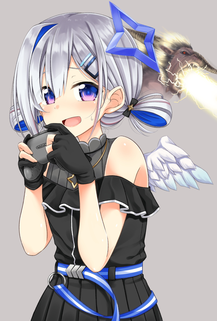 1girl :d amane_kanata bangs bare_shoulders black_dress black_gloves blue_eyes blue_hair blue_wings controller crack dress eyebrows_visible_through_hair feathered_wings flo game_controller gloves grey_hair grey_shirt hair_between_eyes hair_ornament hair_rings hairclip hands_up highres holding hololive mini_wings monster_hunter_(series) monster_hunter_rise mouth_beam multicolored_hair off-shoulder_dress off_shoulder open_mouth partially_fingerless_gloves pleated_dress rajang shirt sleeveless sleeveless_shirt smile solo_focus sweat two-tone_hair virtual_youtuber white_wings wings