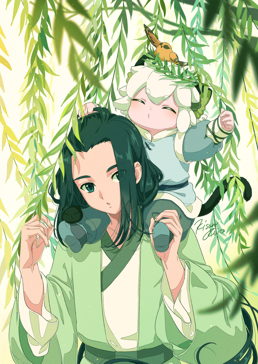 2boys absurdres animal_ears animal_on_head bird bird_on_head black_hair blue_eyes blush carrying cat_boy cat_ears cat_tail closed_eyes green_theme highres kisumi_rei leaf long_hair long_sleeves luoxiaohei multiple_boys on_head plant short_hair shoulder_carry signature tail the_legend_of_luo_xiaohei upper_body white_hair wuxian_(the_legend_of_luoxiaohei)