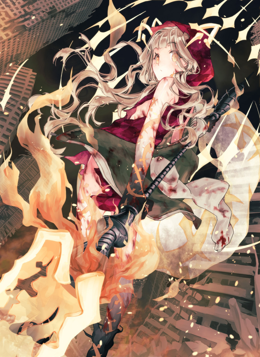 1girl animal_ears bangs blonde_hair blood blood_splatter bloody_clothes blunt_bangs blush boots building closed_mouth energy expressionless highres holding holding_weapon jacket jacket_removed little_red_riding_hood_(sinoalice) long_hair looking_at_viewer looking_back moo_alice_moo night orange_eyes outdoors reality_arc_(sinoalice) ruins shirt sidelocks sinoalice skyscraper solo solo_focus tail torn_clothes torn_shirt wavy_hair weapon