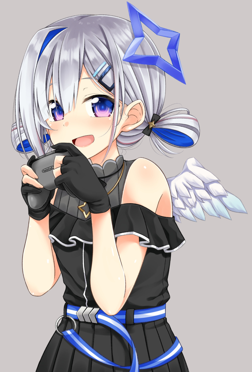 1girl :d amane_kanata bangs bare_shoulders black_dress black_gloves blue_eyes blue_hair blue_wings commentary_request controller dress eyebrows_visible_through_hair feathered_wings flo game_controller gloves grey_hair grey_shirt hair_between_eyes hair_ornament hair_rings hairclip hands_up highres holding hololive looking_at_viewer mini_wings multicolored_hair off-shoulder_dress off_shoulder open_mouth partially_fingerless_gloves pleated_dress shirt sleeveless sleeveless_shirt smile solo two-tone_hair virtual_youtuber white_wings wings