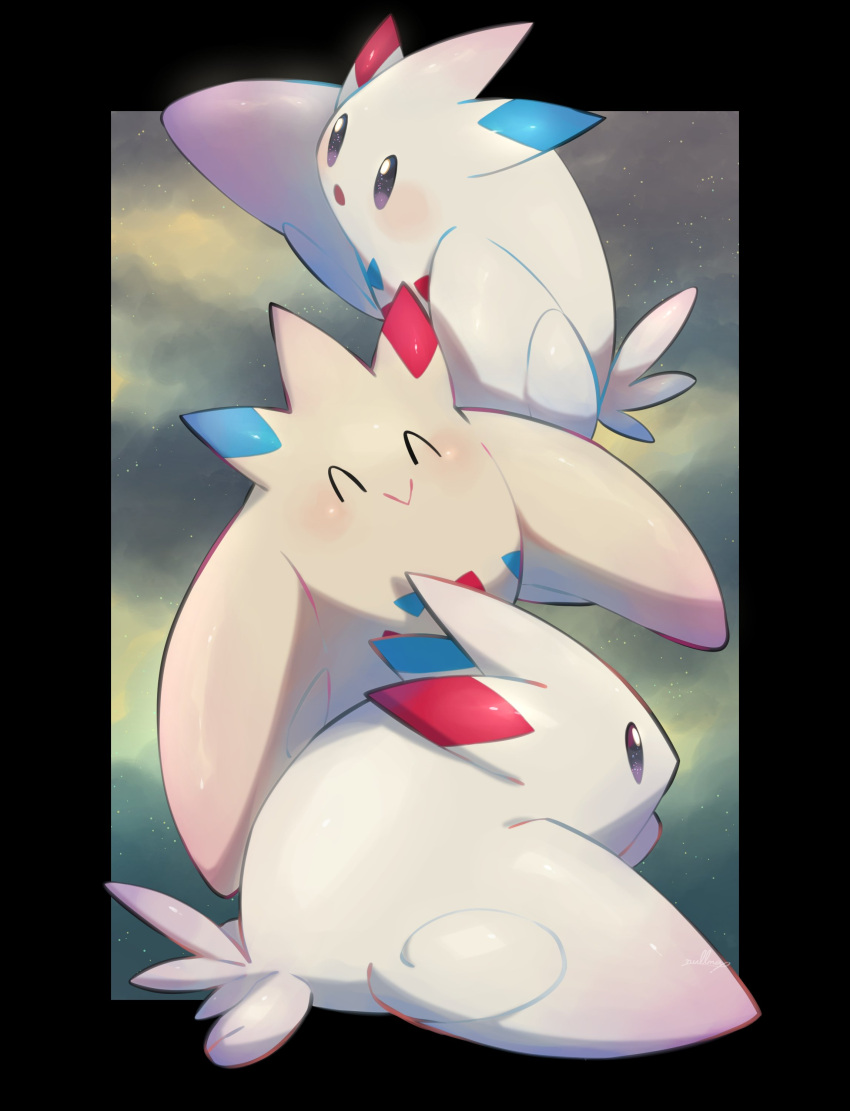 :&gt; ^_^ absurdres black_border blush border closed_eyes closed_mouth commentary_request gen_4_pokemon highres multiple_views no_humans nullma pokemon pokemon_(creature) smile togekiss violet_eyes