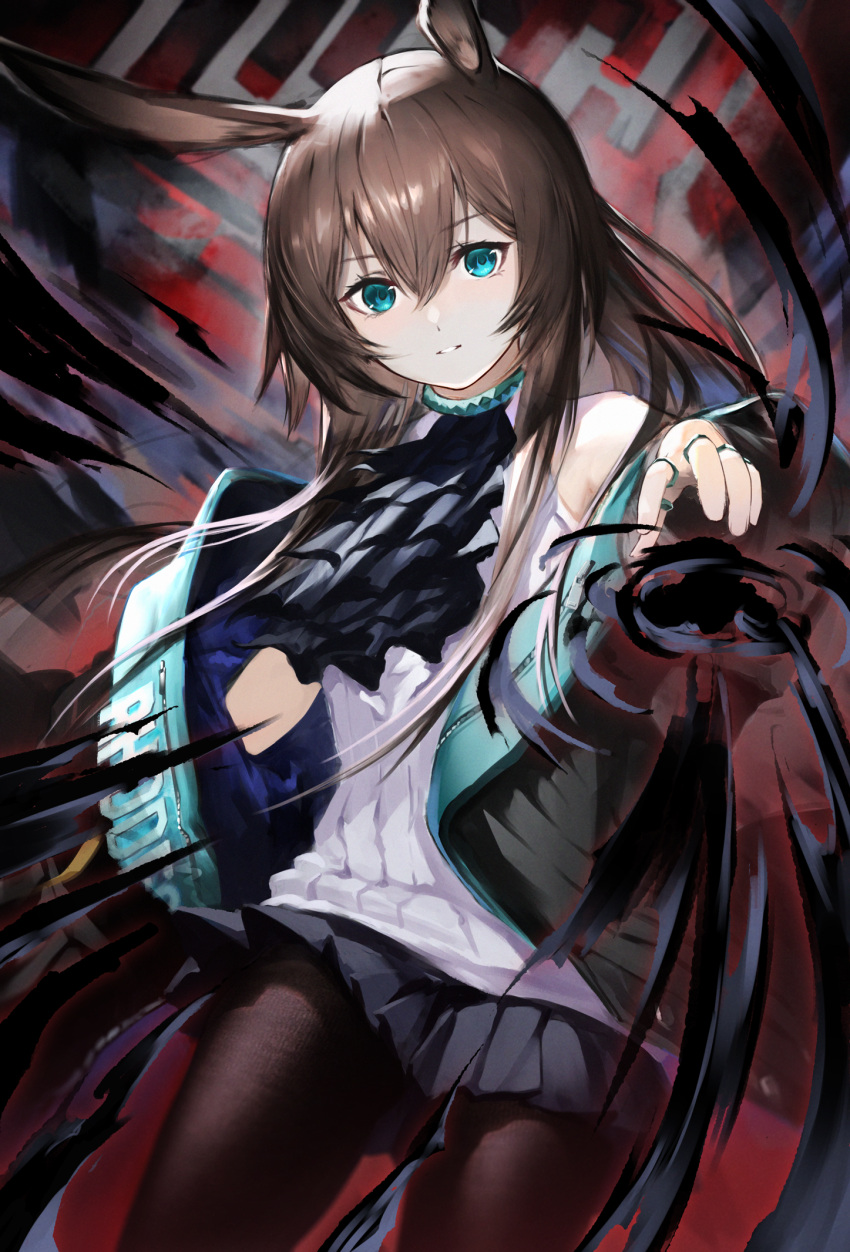 1girl aizawa_masaya amiya_(arknights) animal_ears arknights bangs black_jacket black_neckwear black_skirt blue_choker blue_eyes brown_hair brown_legwear choker clothes_writing cowboy_shot hand_up highres jacket jewelry long_hair long_sleeves miniskirt open_clothes open_jacket originium_arts_(arknights) pantyhose parted_lips rabbit_ears ribbed_sweater ring skirt solo sweater white_sweater