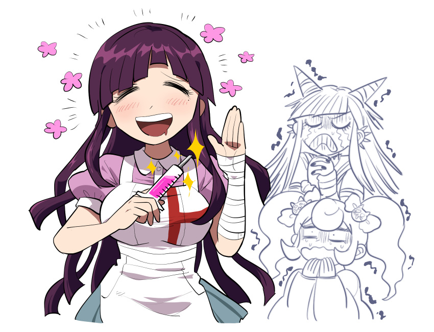 3girls :d apron bandaged_arm bandages bangs black_nails blood blunt_bangs blush breasts cat_hair_ornament closed_eyes commentary_request cowboy_shot cropped_torso crying dangan_ronpa_(series) dangan_ronpa_2:_goodbye_despair doodle flower furukawa_(yomawari) hair_horns hair_ornament hand_up hands_clasped happy highres holding large_breasts long_hair mioda_ibuki mole mole_under_eye multiple_girls nail_polish notice_lines nurse open_mouth own_hands_together pink_blood pink_shirt puffy_short_sleeves puffy_sleeves purple_hair saionji_hiyoko scared shirt short_sleeves simple_background skirt smile solo_focus spoilers syringe tsumiki_mikan white_apron white_background