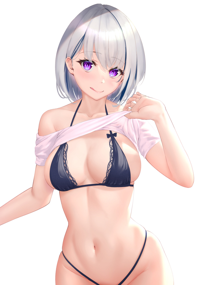 1girl absurdres bangs bikini black_bikini bow bra breasts cowboy_shot eyebrows_visible_through_hair hand_up highres large_breasts licking_lips lingerie looking_at_viewer medium_hair navel off_shoulder original panties pink_shirt rakuraku_dou shirt shirt_lift silver_hair simple_background skindentation smile solo string_panties swimsuit tongue tongue_out underwear violet_eyes white_background