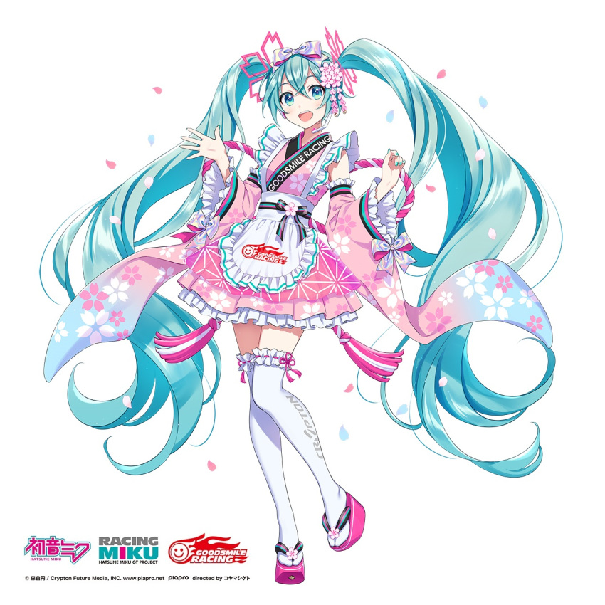 1girl alternate_costume apron aqua_eyes aqua_hair bangs character_name commentary_request dress fingernails floral_print frills full_body goodsmile_racing gradient gradient_clothes hair_ornament hatsune_miku headset highres japanese_clothes logo long_hair looking_at_viewer maid maid_day morikura_en nail_polish official_art open_mouth petals racing_miku racing_miku_(2021) ribbon rope sandals shiny shiny_hair simple_background skirt sleeveless smile solo standing thigh-highs tied_hair twintails vocaloid waist_apron white_background white_legwear wide_sleeves zettai_ryouiki